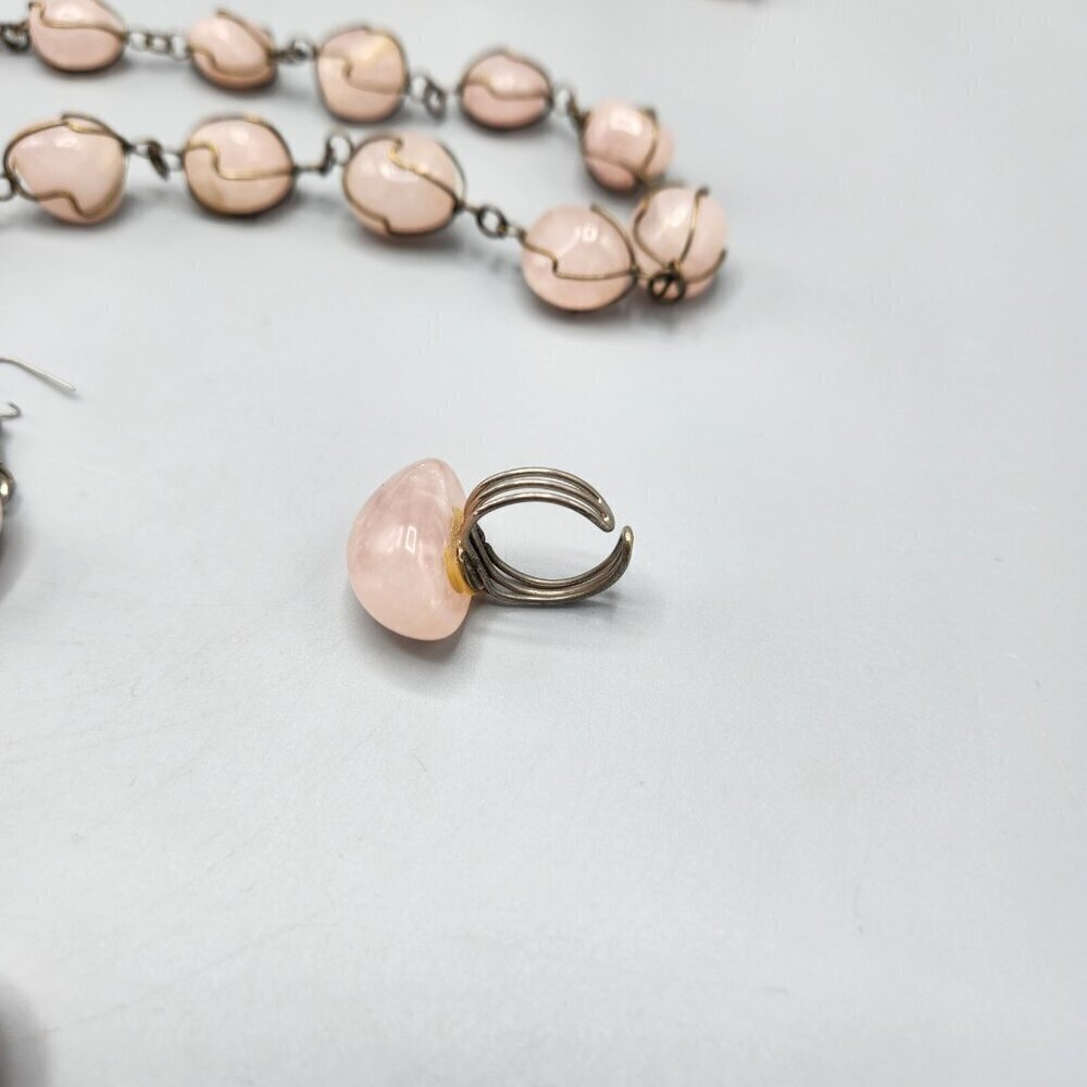 Caged Rose Quartz Necklace Wire Wrapped Polished Stones Bracelet Earrings Ring - Picture 5 of 11